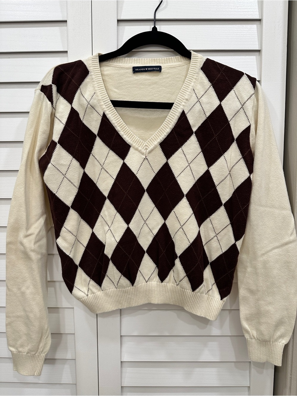 Brandy Melville Cream & Brown Argyle V-Neck Pullover